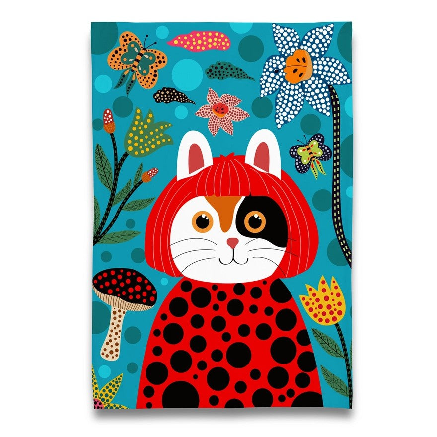 Colorful illustration of a cat in a red wig surrounded by polka dotted flowers