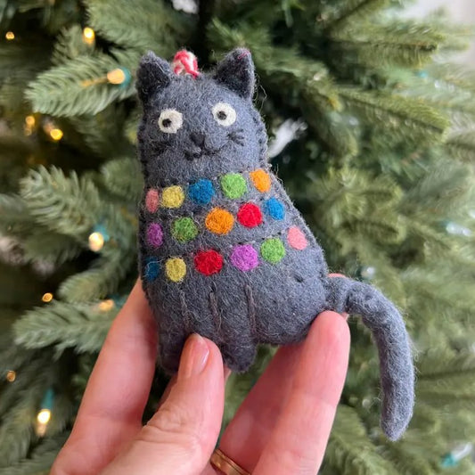 grey cat ornament with coloring christmas wool lights felted