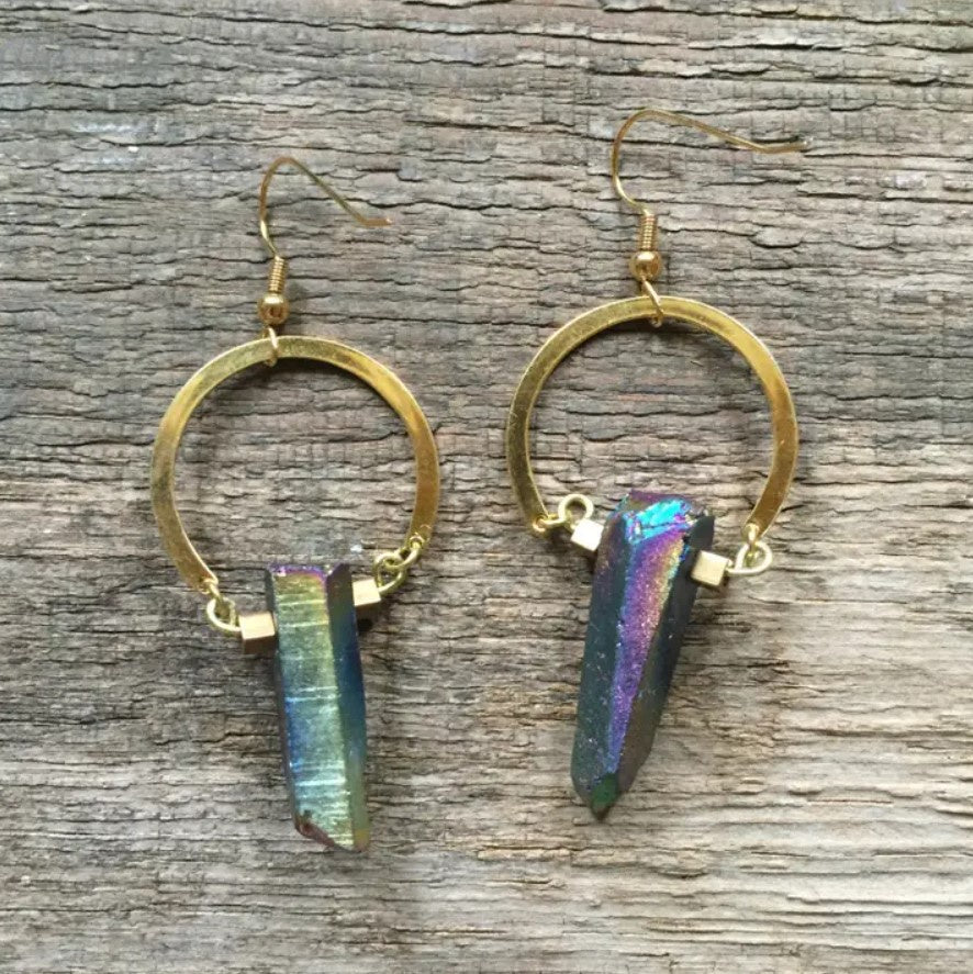 Gold circular dangle earrings with iridescent purple stones