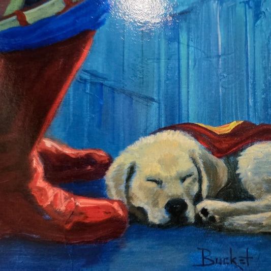 Illustration of Superman's dog Krypto sleeping at his feet