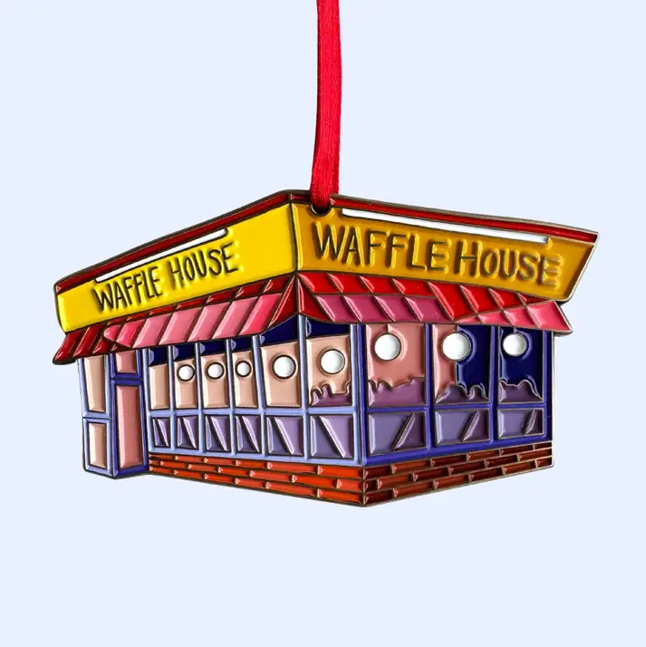 Metal Christmas ornament in the shape of a Waffle House restaurant