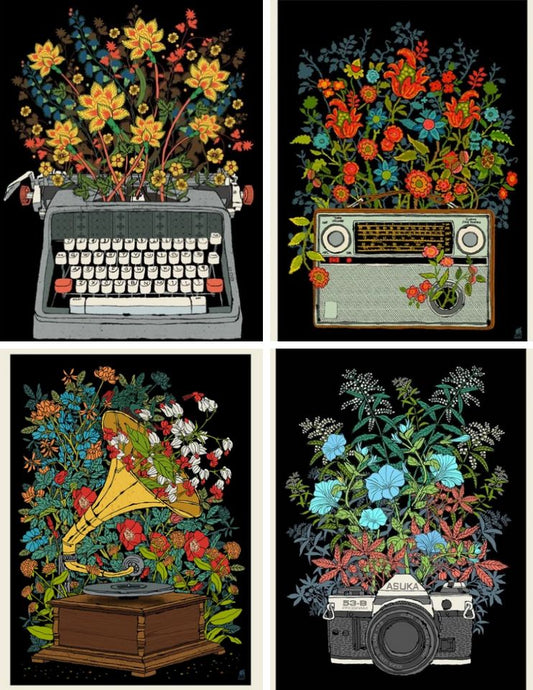 Four different prints in one image that feature florals coming out of electronic equipment