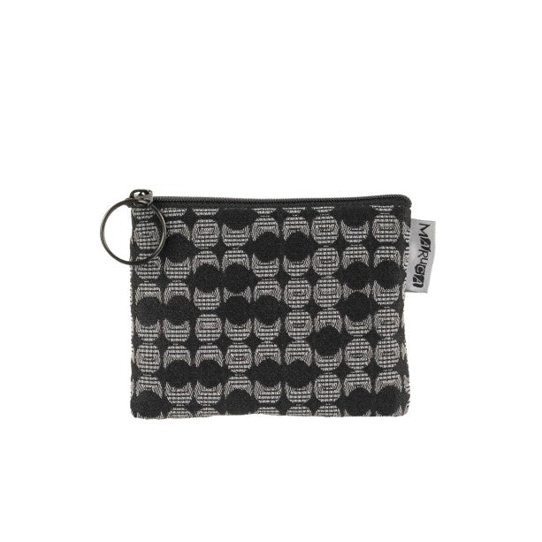 Coin purse with a pattern of black and white half moons and circles