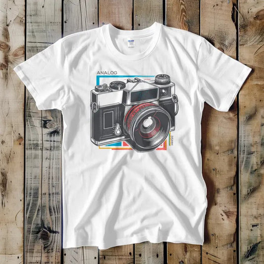 White tee shirt featuring a camera graphic with blue and red accents