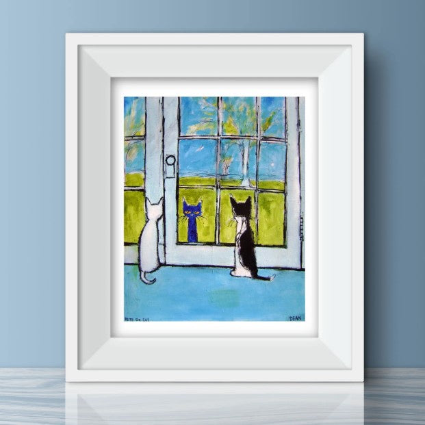 pete the cat looking inside a home with other cats looking at him art print