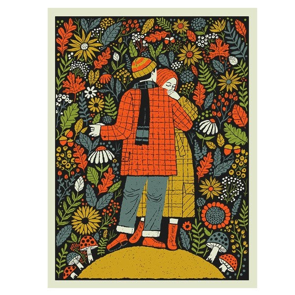 couple dancing wearing winter clothes in autumn colors art print