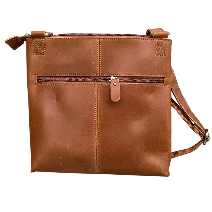 Back of tan leather crossbody bag with a wide zippered pocket