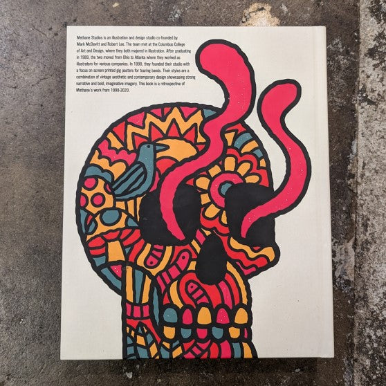 Colorful Skull with worms coming out of eye on back of Methane Studios book with their bio