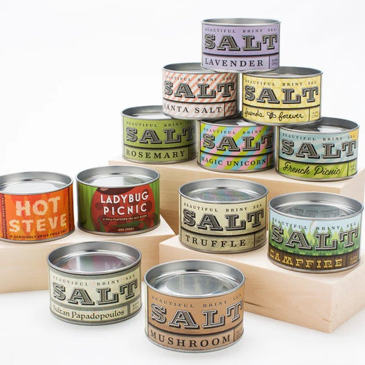 Several jars showcasing the different flavors available by Beautiful Briny Sea Salt