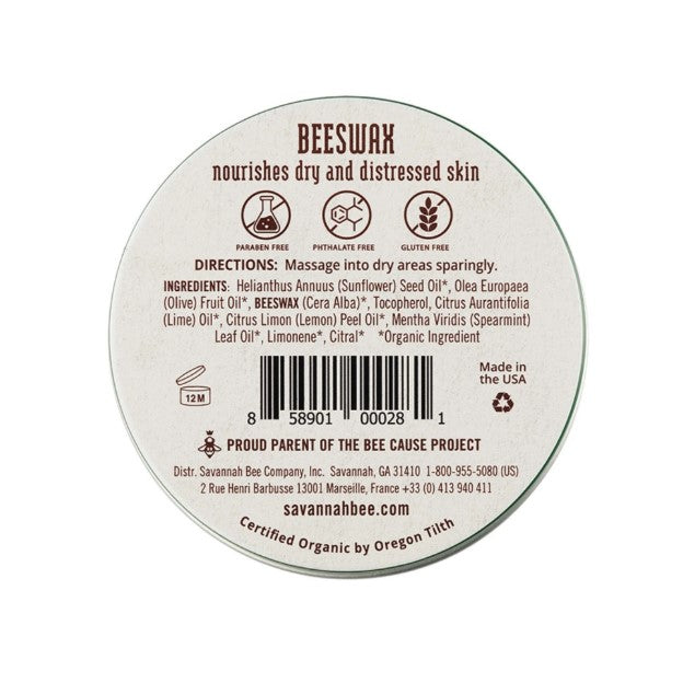 The back of a .75 ounce tin of nourishing beeswax salve