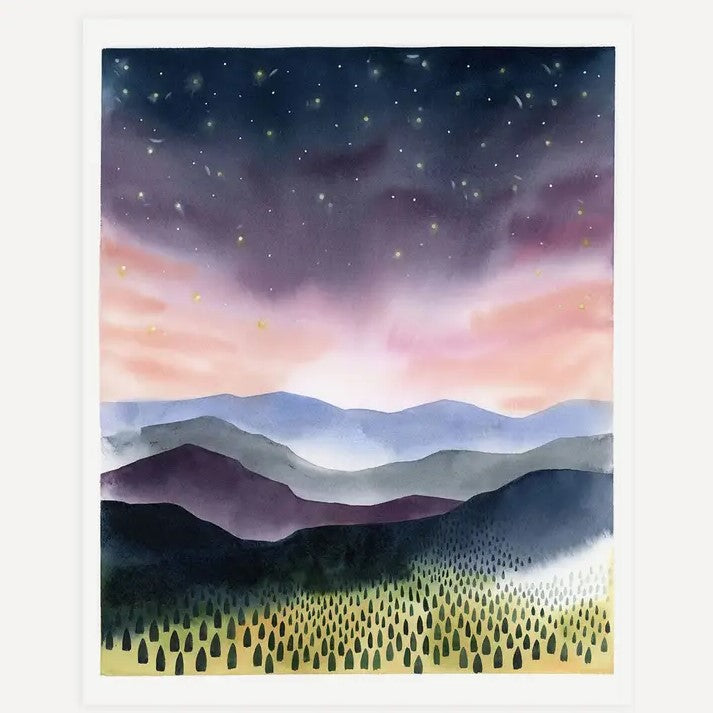 Watercolor Art print of the night sky and mountains