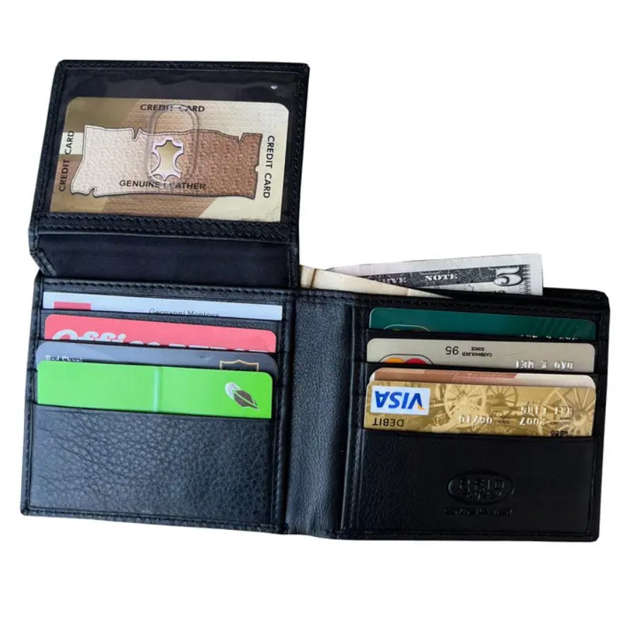 Black leather bifold wallet with several slots for organizing cards
