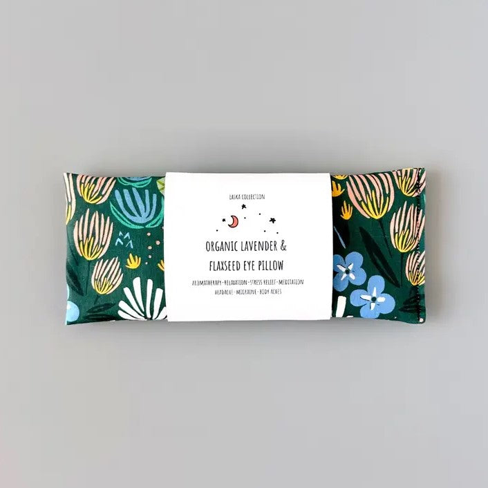 Organic lavender and flaxseed eye pillow in a dark green, yellow and blue floral pattern