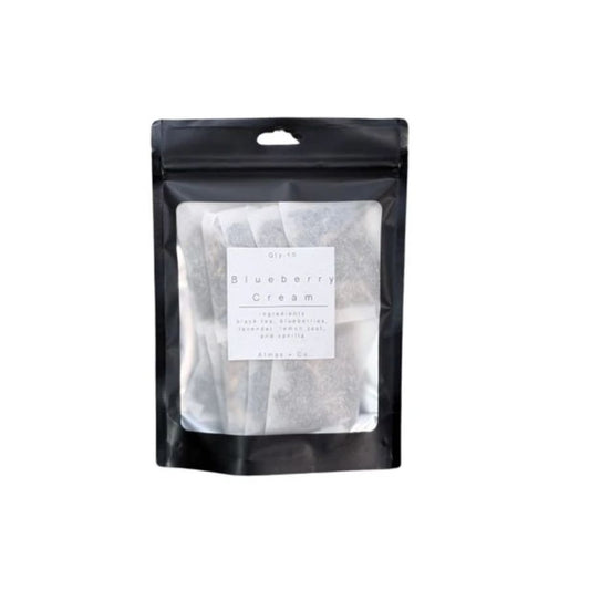 A black resealable bag of ten Blueberry Cream flavor tea bags