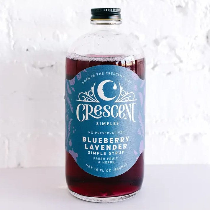 Sixteen fluid ounce bottle of blueberry lavender simple syrup
