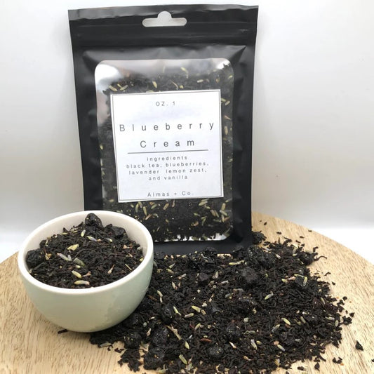 loose leaf blueberry cream tea product photography