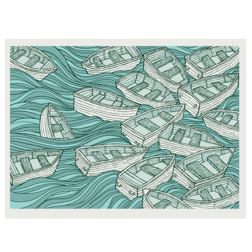 Illustration of rowboats on wavy blue water