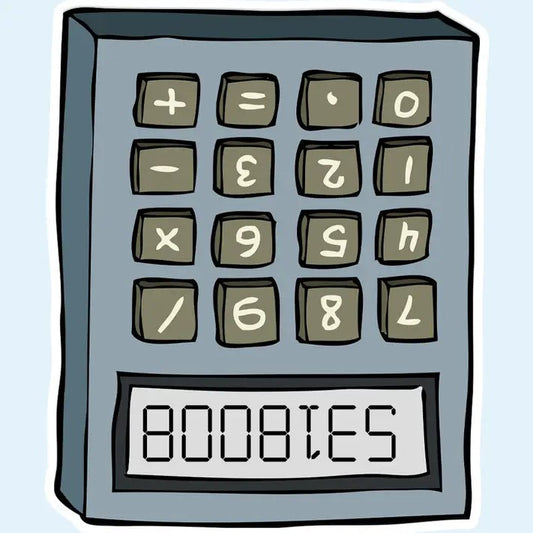 A vinyl sticker depicting an upside down calculator that reads "8008135" in a font that looks like the word "boobies."