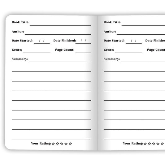 Two blank book review pages with fields for book title, author, dates, genre, page count, and summary.