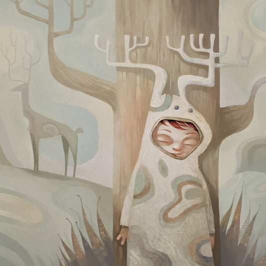 Art print depicting a child in a deer costume smiling and hiding behind a tree with a stag in the background