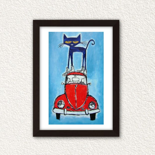 pete the cat sitting on top of a car