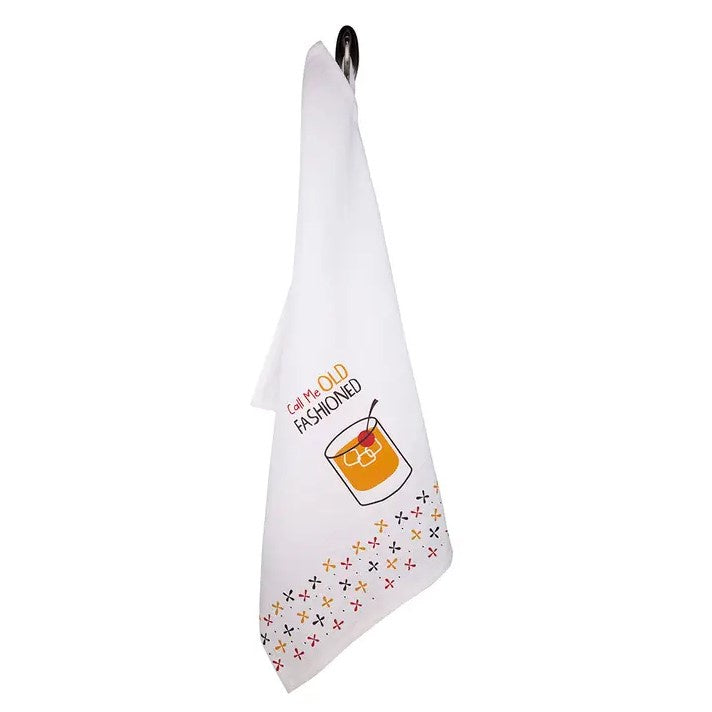 White tea towel decorated with a red, tan and black pattern at the bottom. The words "Call me Old Fashioned" are written above an image of an old fashioned cocktail.