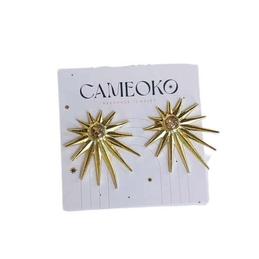Gold earrings shaped like spiky starbursts with crushed golden brown gemstones at the center