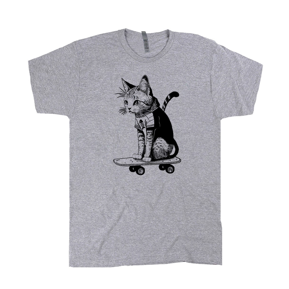Light gray heathered tee shirt with an image of a cat in a tee shirt sitting on a skateboard.