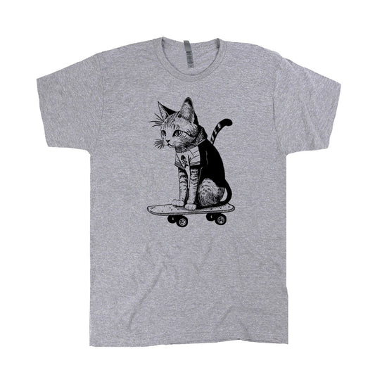 Light gray heathered tee shirt with an image of a cat in a tee shirt sitting on a skateboard.