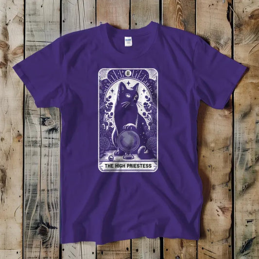 Purple tee shirt featuring a tarot card that depicts a cat with a crystal ball and the caption "The High Priestess"