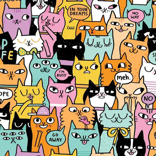 Illustration of colorful cat faces with speech bubbles that have funny quotes in them