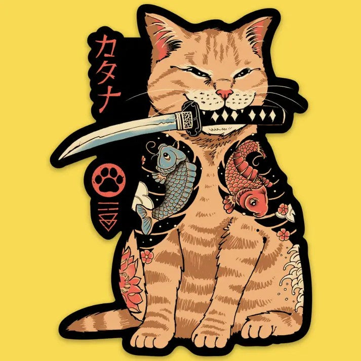 Sticker of a cat with tattoos holding a katana in its mouth