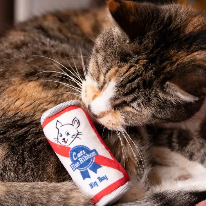 Catnip toy shaped like a Pabst Blue Ribbon beer