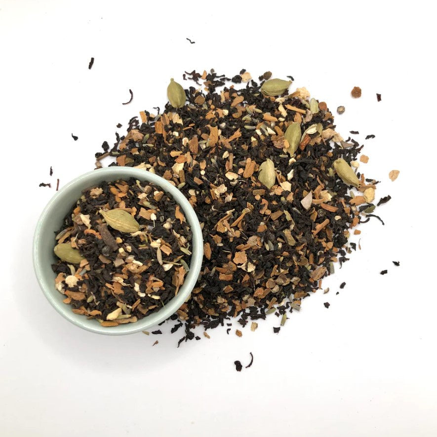 Loose leaf chai tea with black tea, cardamom, cinnamon, cloves, lavender and peppercorn.