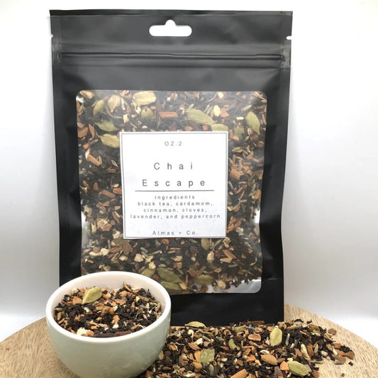 A .2 ounce bag of loose leaf chai tea with black tea, cardamom, cinnamon, cloves, lavender and peppercorn.
