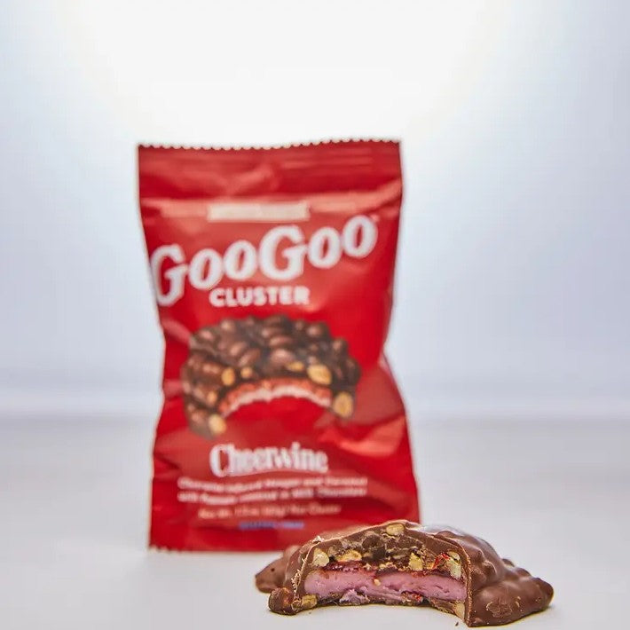 Goo Goo Cluster with a red, Cheerwine flavored layer in the middle