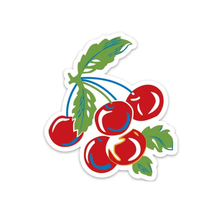 Graphic sticker of a cluster of shiny cherries highlighted in white and blue.