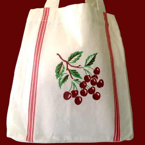 White tote bag with two red stripes and a cherry branch image on the front