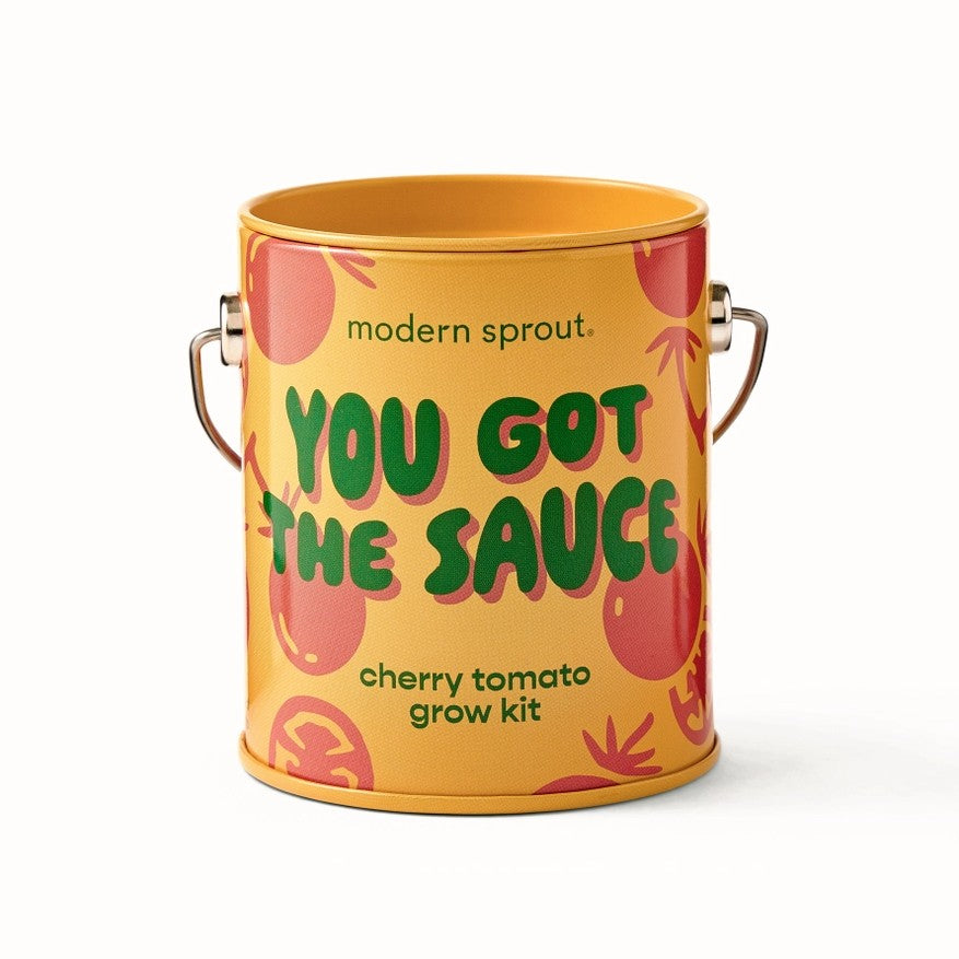 Cherry tomato grow kit in a small yellow tin pail with a red tomato pattern