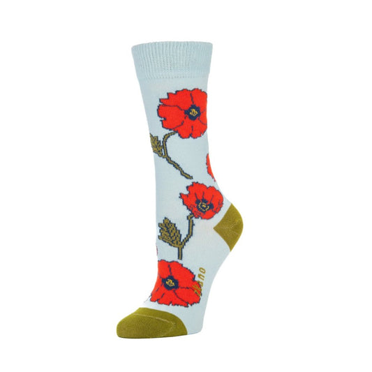 Light blue calf socks with red poppy pattern