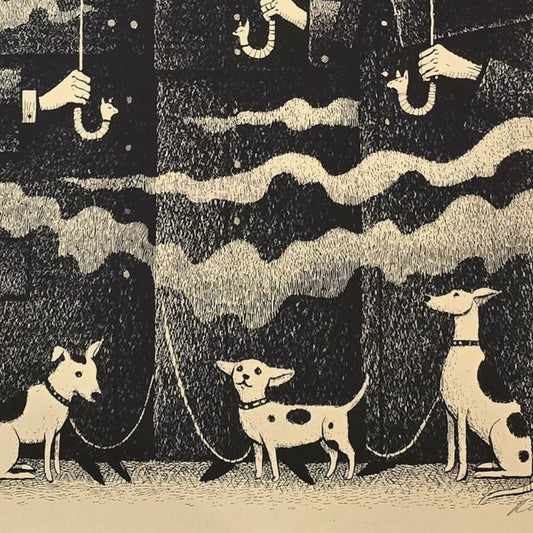 A black and white illustration of three small spotted dogs