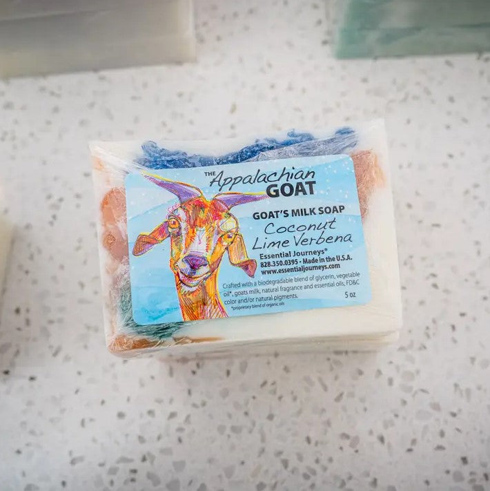 Five ounce blue, orange and white coconut lime verbena scented bar soap