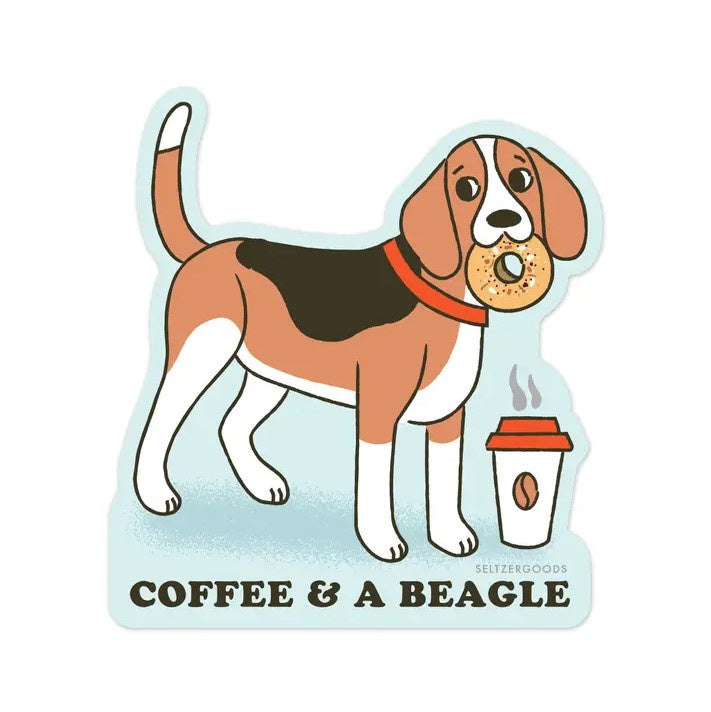 Sticker featuring a cartoon beagle with a bagel in its mouth and a to-go coffee next to it, above the caption "coffee and a beagle"