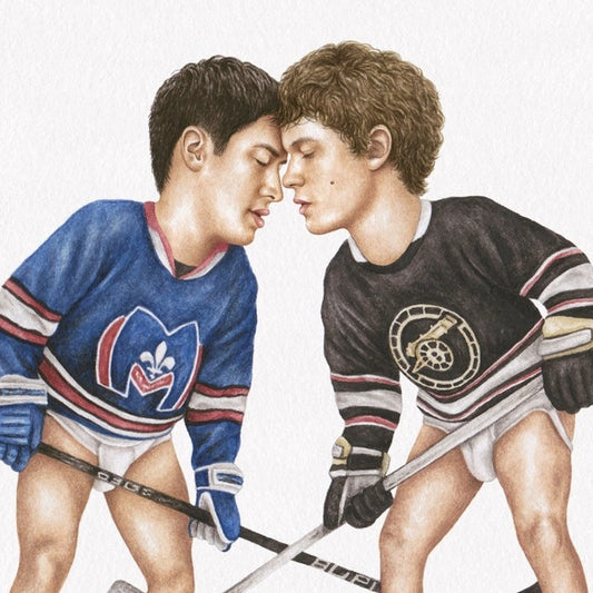 Watercolor illustration of two men in hockey uniforms standing with their foreheads pressed together