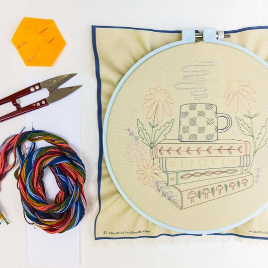 cozy blue embroidery kit supplies