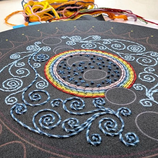 Closeup of rainbow and abstract blue swirl stitching details