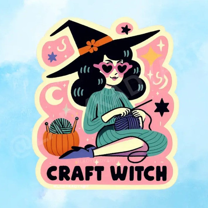 Sticker featuring a witch in heart-shaped sunglasses knitting above the caption "Craft Witch"