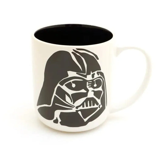 White mug with black interior and Darth Vader helmet design on a white background
