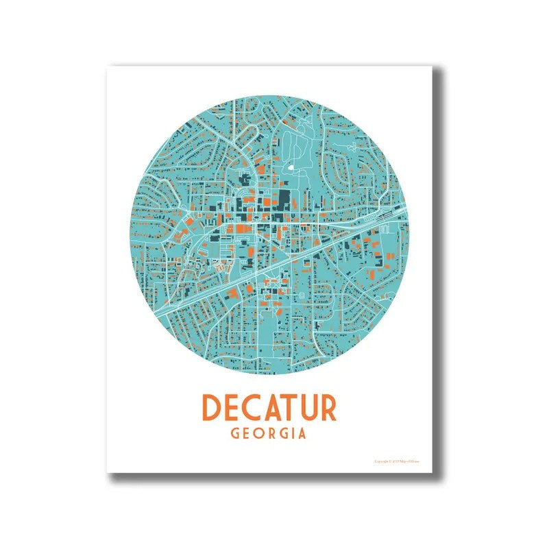 Eight by ten art print featuring a blue and orange street map of Decatur, Georgia