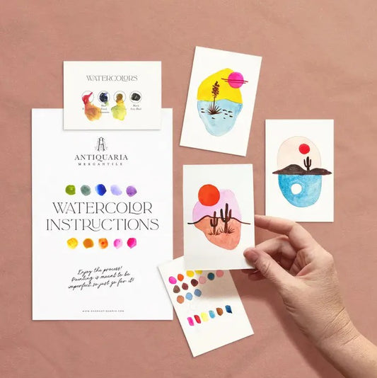 Set of three small desert watercolor paintings with color swatches and instructions